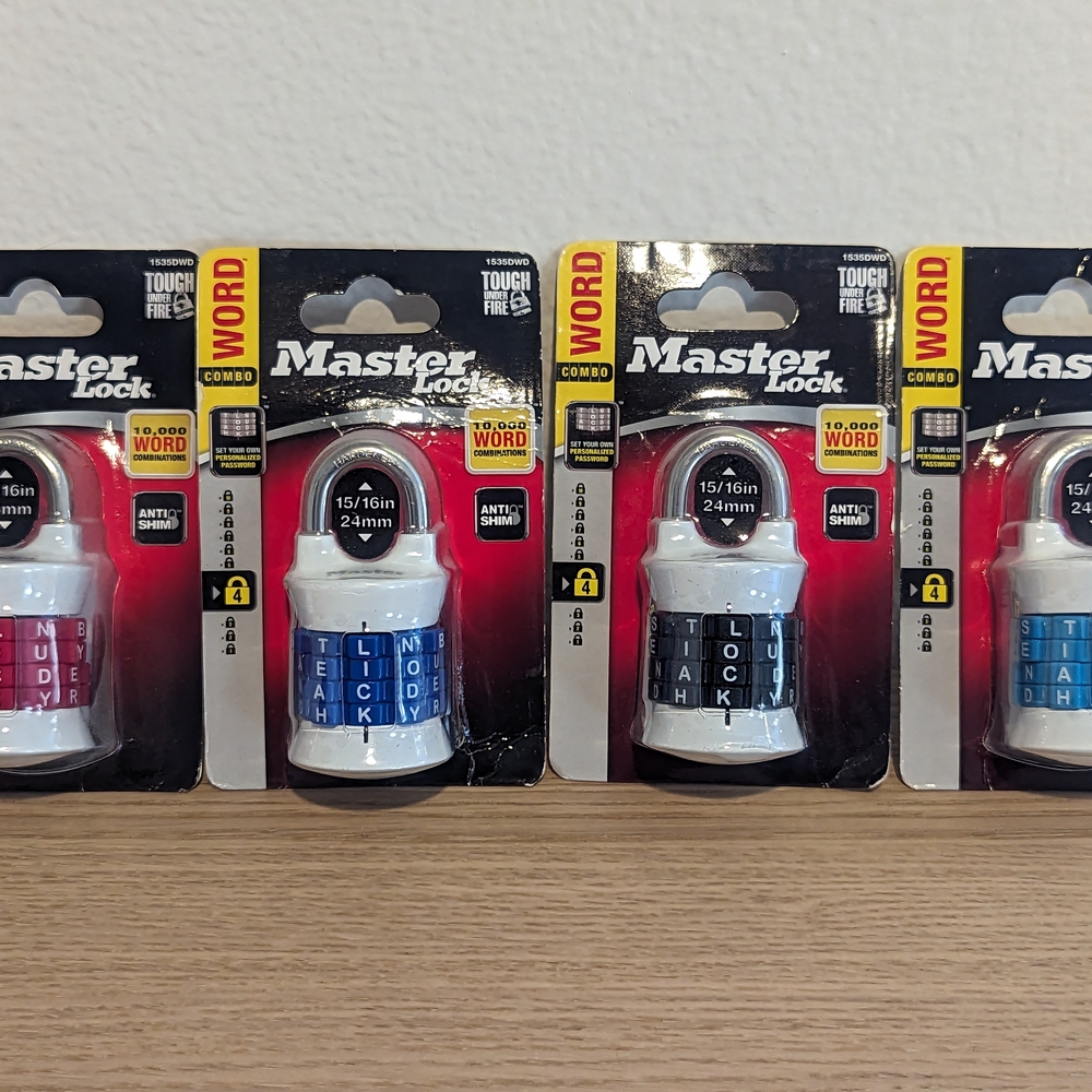 Master Lock Word Combination Padlocks (x4) - Pink, Blue, Black, And Teal